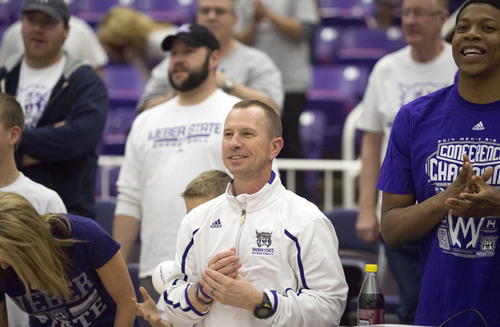 Steve Griffin  |  The Salt Lake Tribune


Weber State Wildcats men's basketball Randy Rahe smiles as his team celebrates their selection into the 2014 NCAA Basketball Tournament during selection party at the Dee Events Center in Ogden, Utah Sunday, March 16, 2014. Weber State will meet the number one seed Arizona Wildcats.