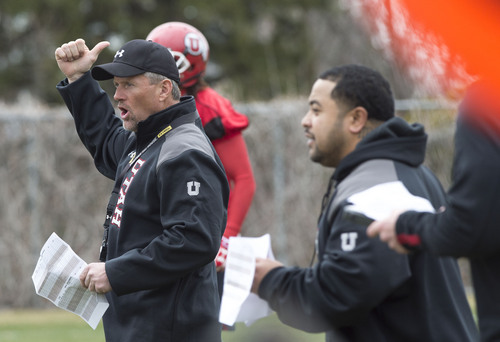 Steve Griffin  |  The Salt Lake Tribune


University of Utah head football coach Kyle Whittingham directs traffic during spring practice on the University of Utah campus in Salt Lake City, Utah Tuesday, March 18, 2014.