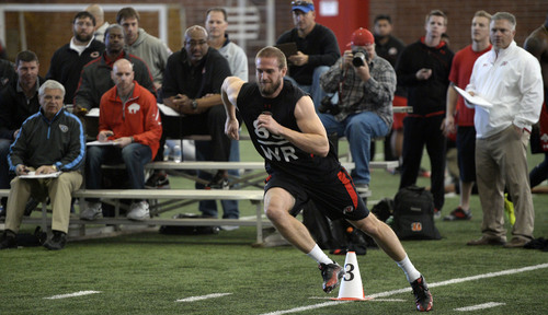 Al Hartmann  |  The Salt Lake Tribune
Ute wide receiver Sean Fitgerald runs a drill during the NFL Pro Day at the Spence Eccles Field House Wednesday March 19. 	Utah players did a variety of strength, agility, and speed drills to make an impression for NFL scouts.