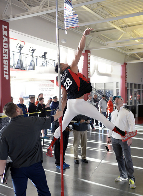 Al Hartmann  |  The Salt Lake Tribune
Ute wide receiver Phil Hinson does a vertical jump during the NFL Pro Day at the Spence Eccles Field House Wednesday March 19. 	Utah players did a variety of strength, agility, and speed drills to make an impression for NFL scouts.
