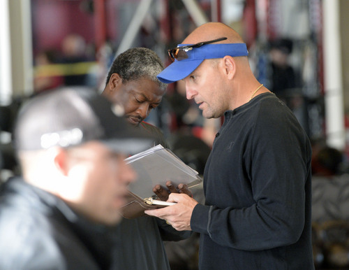 Al Hartmann  |  The Salt Lake Tribune
Football scouts watch and record results of perspective players during the NFL Pro Day at the Spence Eccles Field House Wednesday March 19. Utah players did a variety of strength, agility, and speed drills to make an impression for NFL scouts.