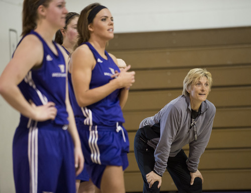Lennie Mahler  |  The Salt Lake Tribune
Westminster women's basketball assistant coach Elaine Elliott watches the team during practice in the old Payne Gymnasium on campus Friday, March 14, 2014. The team will enter the NAIA Tournament as a No. 1 seed next week.