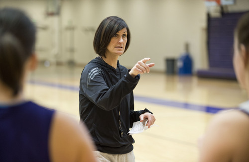 Lennie Mahler  |  The Salt Lake Tribune
Westminster women's basketball head coach Shelley Jarrard advises the team during practice in the Eccles Athletic Center on campus Friday, March 14, 2014. The team will enter the NAIA Tournament as a No. 1 seed next week.