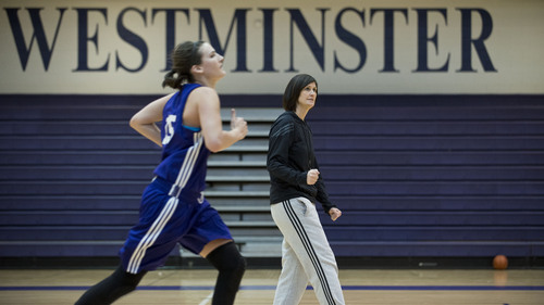 Lennie Mahler  |  The Salt Lake Tribune
Westminster women's basketball head coach Shelley Jarrard watches the team run free throw drills in the Eccles Athletic Center on campus Friday, March 14, 2014. The team will enter the NAIA Tournament as a No. 1 seed next week.