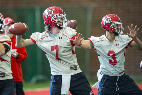 Chris Detrick  |  The Salt Lake Tribune
Utah quarterbacks Travis Wilson and Jason Thompson throw the ball during a practice at Spence and Cleone Eccles Football Center Thursday March 20, 2014.