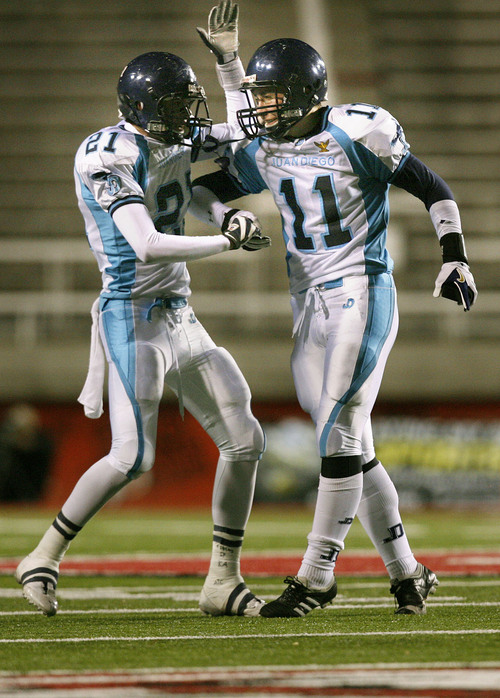Juan Diego's Frankie Sutera, left, congratulates kicker Jaron Bentrude after his 46-yard field goal Friday in the Class 3A state championship game at Rice-Eccles Stadium.

Scott Sommerdorf  |  The Salt Lake Tribune