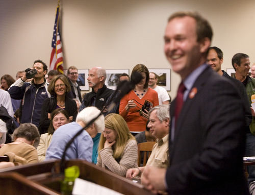 Leah Hogsten  |  Tribune file photo
Then-state Sen. Ben McAdams, D-Salt Lake City, campaigned for Salt Lake County mayor during high-attenance Democratic caucuses at the Utah Capitol last year. Turnout at caucuses this week was down considerably from two years ago, when it reached record highs.