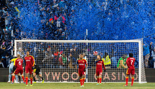 Trent Nelson  |  The Salt Lake Tribune
Real Salt Lake players react to a goal by Sporting KC's Aurelien Collin (78) in the MLS Cup Final at Sporting Park in Kansas City, Saturday December 7, 2013.