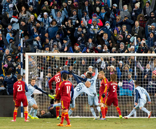 Trent Nelson  |  The Salt Lake Tribune
Sporting KC's Aurelien Collin (78) and fans celebrate his goal as Real Salt Lake faces Sporting KC in the MLS Cup Final at Sporting Park in Kansas City, Saturday December 7, 2013.