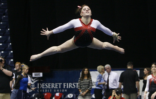 Scott Sommerdorf   |  The Salt Lake Tribune
Utah's Becky Tutka scored a 9.925 to win the floor exercise event as The Utah Red Rocks won a tri meet versus BYU and North Carolina State at BYU, Friday, March 1, 2013. Utah finished with 197.125 points to BYU's 195.000, and N.C.St. with 194.675.