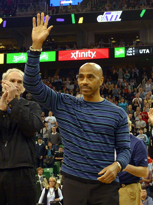 Rick Egan  | The Salt Lake Tribune 

Darrell Griffith former Utah Jazz player from the1983-84 team, waves to the crowd, during a break in the action, during the Utah Jazz, Orlando Magic game, at EnergySolutions Arena Saturday, March 22, 2014.