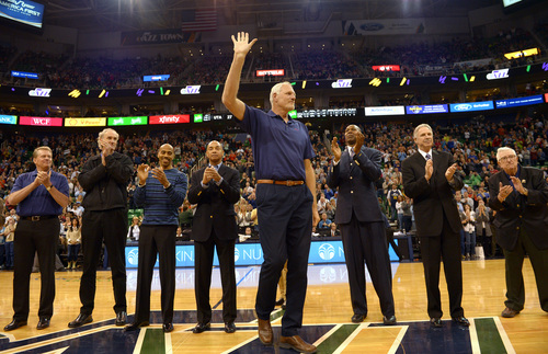 Rick Egan  | The Salt Lake Tribune 

Mark Eaton former Utah Jazz player from the1983-84 team, waves to the crowd, during a break in the action, during the Utah Jazz, Orlando Magic game, at EnergySolutions Arena Saturday, March 22, 2014.