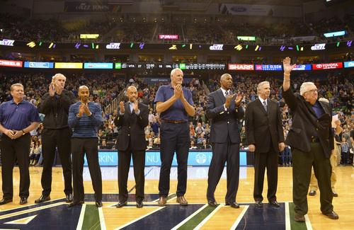 Rick Egan  | The Salt Lake Tribune 

Former Utah Jazz coach, Frank Layden (right) is introduced to the crowd along with fellow coaches and former players from the 1983-84 team, for '80's night, between quarters of the The Utah Jazz, Orlando Magic game, at EnergySolutions Arena Saturday, March 22, 2014.