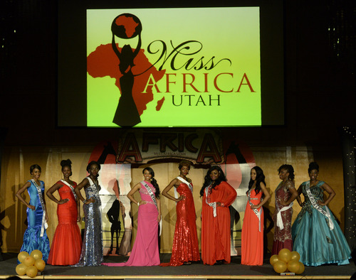 Rick Egan  | The Salt Lake Tribune 

The nine contestants line the stage at Miss Africa Utah Pageant, Saturday, March 8, 2014.