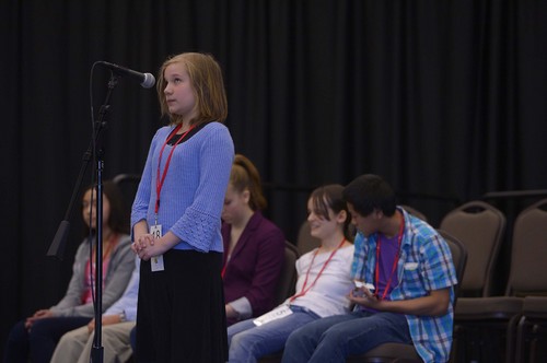 Leah Hogsten  |  The Salt Lake Tribune
Spelling bee contestant Teah Camoin's concentration shows on her face in the fourth round. The Salt Lake County Spelling Bee at the Viridian Event Center in West Jordan. The winner will travel to Washington, D.C., to compete in the 2014 Scripps National Spelling Bee in May.