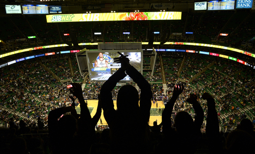 Rick Egan  | The Salt Lake Tribune 

Utah Jazz fans cheer for the Jazz as they trail Detroit by nearly 10 points,  EnergySolutions Arena, Monday, March 24, 2014.