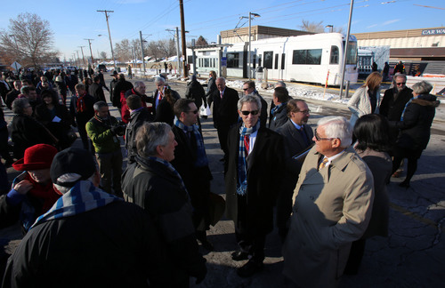 Francisco Kjolseth  |  The Salt Lake Tribune
People gather for grand opening ceremonies of the new Sugar House Streetcar on Thursday, Dec. 5, 2013. The Streetcar opens to the public on Saturday.