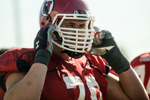 Chris Detrick  |  The Salt Lake Tribune
Utah's Jackson Barton watches during a practice at the field west of the Spence & Cleone Eccles Football Center Wednesday March 26, 2014.