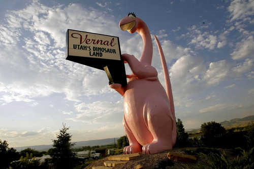 Chris Detrick  |  Tribune file photo

Vernal's happy pink dinosaur greets visitors at the East entrance to the city along Main Street, US 40 in this 2005 file photo.