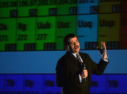 Steve Griffin  |  The Salt Lake Tribune

Astrophysicist Neil deGrasse Tyson talks during the Tanner Lecture on Human Values series at Kingsbury Hall at the University of Utah in Salt Lake City Wednesday, March 26, 2014. Tickets for the event were massively popular, with people waiting in line around the block. Tyson's lecture was titled "Science as a Way of Knowing."
