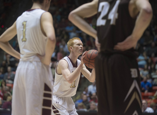 Keith Johnson | The Salt Lake Tribune

Lone Peak's TJ Haws shoots a free throw against Davis High during the Utah high school 5A semi-finals at the Huntsman Center in Salt Lake City, March 7, 2014. Bountiful advances to the final.