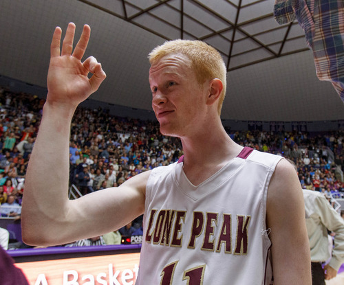Trent Nelson  |  The Salt Lake Tribune
Lone Peak's TJ Haws celebrates after beating Alta High School in the 5A basketball state championship game Saturday, March 2, 2013 in Ogden.