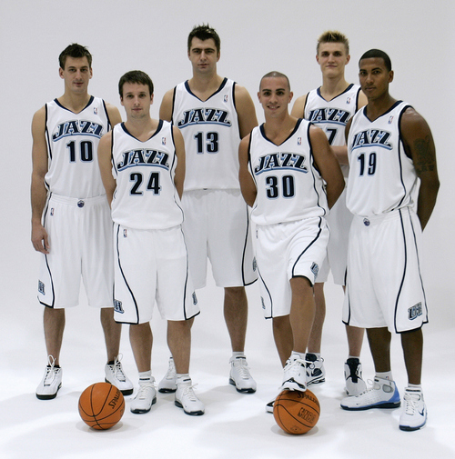 Tribune file photo

Utah Jazz foreign players Gordan Giricek (10), Raul Lopez (24), Mehmet Okur (13), Carlos Arroyo (30), Andrei Kirilenko (47) and Raja Bell pose together during media day Monday, Oct. 4, 2004, in Salt Lake City. Giricek is from Croatia; Lopez from Spain; Okur from Turkey; Arroyo from Puerto Rico; Kirilenko from Russia; and Bell from the Virgin Islands.