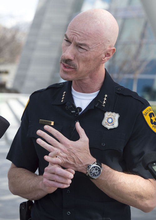 Steve Griffin  |  The Salt Lake Tribune


Salt Lake City Police Chief Chris Burbank talks about the condition of the two Salt Lake City police officers that were shot, in downtown Salt Lake City, during a traffic stop in the early morning hours Friday, March 28, 2014. Burbank spoke to the media outside the Public Safety Building in Salt Lake City, Utah
