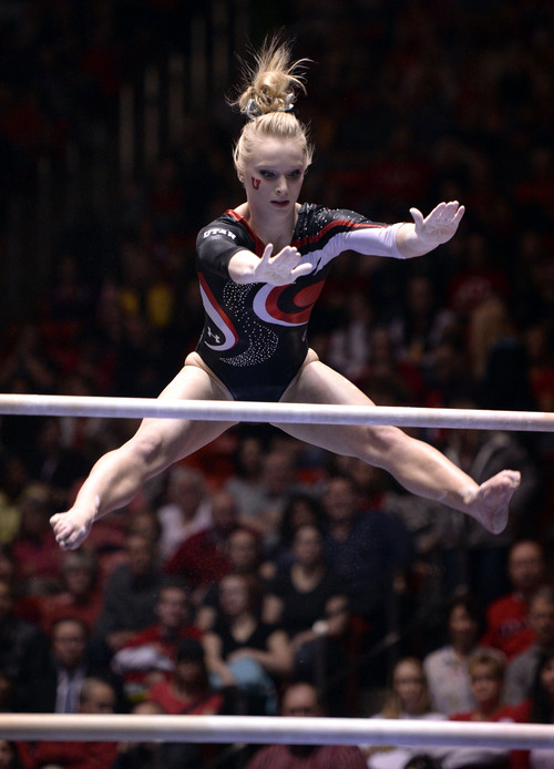 Al Hartmann  |  The Salt Lake Tribune 
University of Utah's Georgia Dabritz performs routine on the uneven parallel bars in a gymnastics meet against the University of Washington at the Huntsman Center Friday February 28.