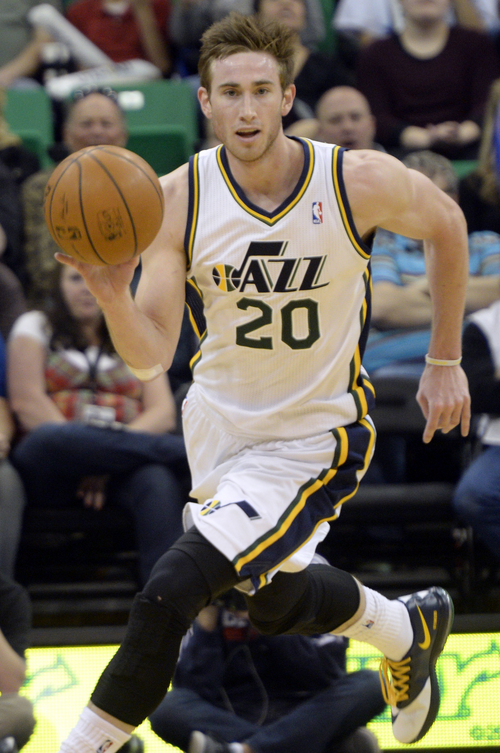 Rick Egan  | The Salt Lake Tribune 

Utah Jazz guard Gordon Hayward (20) brings the ball down court for a fast break, in NBA action, Jazz vs. The Detriot Pistons, in the EnergySolutions Arena, Monday, March 24, 2014.