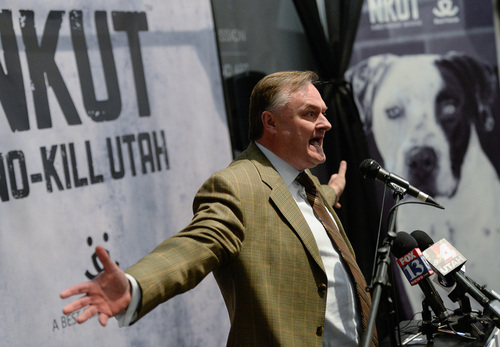 Franciso Kjolseth  |  The Salt Lake Tribune
Mike Mower, Deputy Chief of Staff for Gov. Gary Herbert expresses his excitement over Best Friends Animal Society's announcement of its NKUT (No-Kill Utah) initiative, designed to make Utah the largest no-kill state in the country during a special event at The Leonardo in Salt Lake City on Sunday, March 30, 2014. Three oversized visuals, each 8 feet tall, were unveiled that are typical of the images that will be seen throughout the state as part of the campaign.