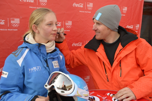 Rick Egan  |  The Salt Lake Tribune

Olympic Gold Medalist Ted Ligety signs the cheek of Louisa Greenberg, 11,  at Park City Mountain Resort, Saturday, March 29, 2014