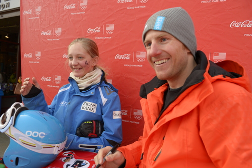 Rick Egan  |  The Salt Lake Tribune

Olympic Gold Medalist Ted Ligety smiles after he signed the cheek of Louisa Greenberg, 11,  at Park City Mountain Resort, Saturday, March 29, 2014
