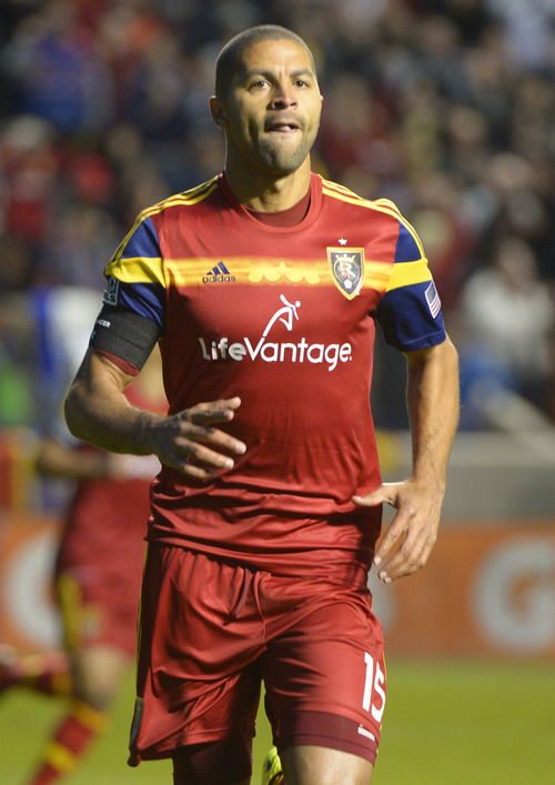 Rick Egan  |  The Salt Lake Tribune

Real Salt Lake forward Alvaro Saboru (15) runs to the sidelines after he scores the first goal of the night for Real Salt Lake, in MLS action, Real Salt Lake vs. Toronto FC, at Rio Tinto Stadium, Saturday, March 29, 2014
