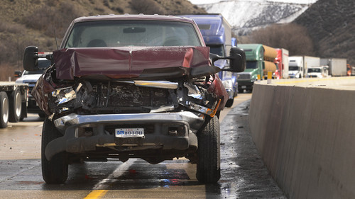 Rick Egan  |  The Salt Lake Tribune

Accident on I-84 at 8:15 this morning involved 3 semi's and 11 other vehicles, closing traffic to West bound vehicles, Friday, March 28, 2014