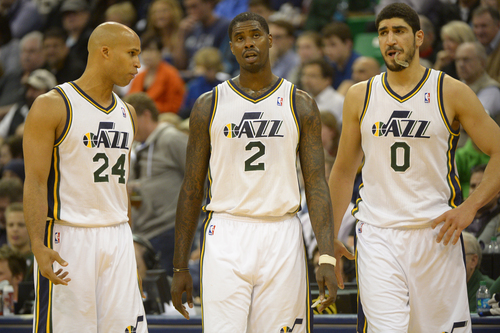 Rick Egan  |  The Salt Lake Tribune

Utah Jazz players Richard Jefferson (24), Marvin Williams (2) and Utah Jazz center Enes Kanter (0) come back on teh floor after a Jazz time out, as they trail the Knicks by 13 in the second half, in NBA action, Utah Jazz vs. the New York Knicks, at EnergySolutions arena, Monday, March 31, 2014