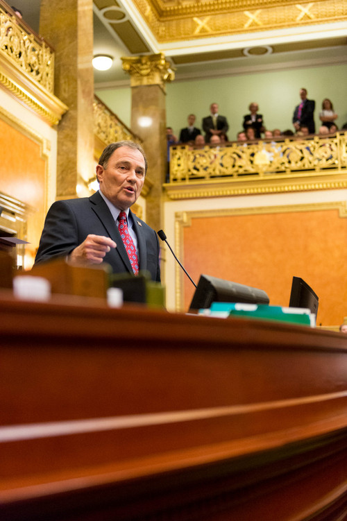 Trent Nelson  |  The Salt Lake Tribune
Governor Gary Herbert speaks in March on the final night of the 2014 Legislative session at the State Capitol Building in Salt Lake City.