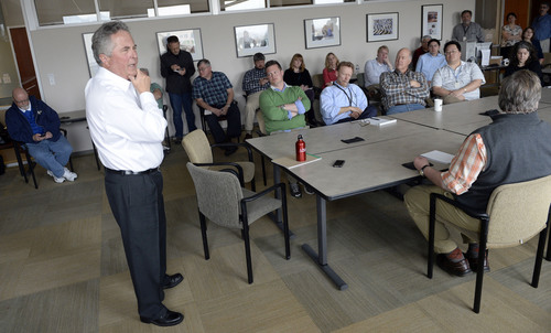 Al Hartmann  |  The Salt Lake Tribune
Salt Lake Tribune Editor and Publisher Terry Orme  holds a meeting with staff members of The Salt Lake Tribune on Wednesday, April 2, to discuss  changes at Digital First Media, the paper's owner.