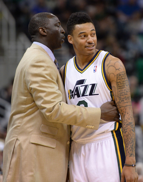 Steve Griffin  |  The Salt Lake Tribune


Utah Jazz head coach Tyrone Corbin gives Utah Jazz point guard Diante Garrett #8 a hug as he gives him some coaching advice during second half action in the Jazz versus New Orleans Pelicans basketball game at EnergySolutions Arena in Salt Lake City, Utah Thursday, November 14, 2013.