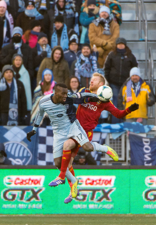 Trent Nelson  |  The Salt Lake Tribune
Real Salt Lake's Nat Borchers (6) gets tangled up with Sporting KC's C.J. Sapong (17) as Real Salt Lake faces Sporting KC in the MLS Cup Final at Sporting Park in Kansas City, Saturday December 7, 2013.