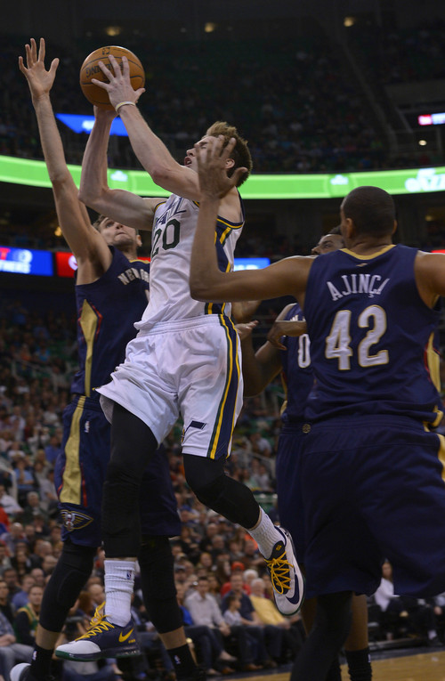 Leah Hogsten  |  The Salt Lake Tribune
Utah Jazz guard Gordon Hayward (20) drives to the net. The Utah Jazz defeated the New Orleans Pelicans 100-96 during their game Friday, April 4, 2014 at Energy Solutions Arena.