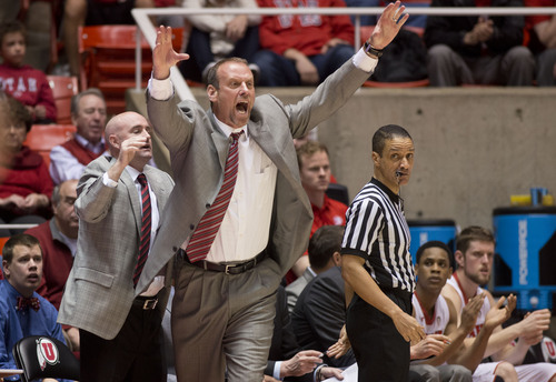 Lennie Mahler  |  The Salt Lake Tribune
Utah head coach Larry Krystkowiak motions to players in the first half of a game against Colorado at the Huntsman Center, Saturday, March 1, 2014.