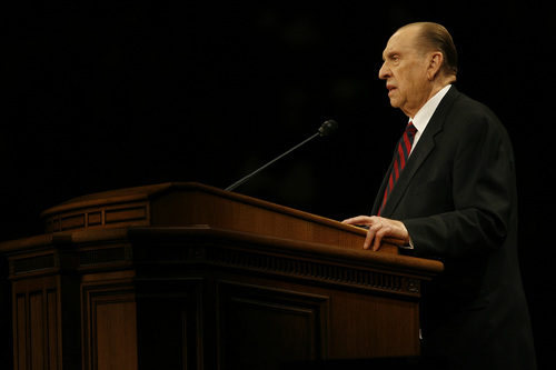 Chris Detrick  |  Tribune file photo
LDS President Thomas S. Monson gives the closing remark at the 2008 BYU Women's Conference at the Marriott Center.