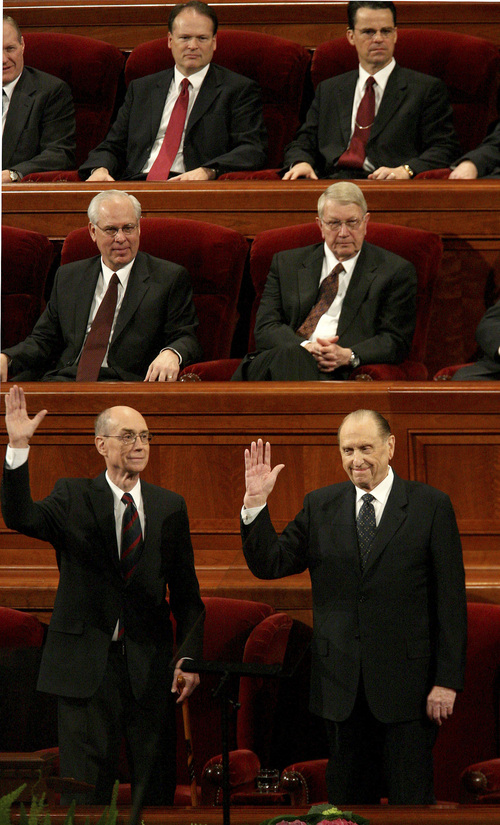 CONFERENCE
President Thomas S. Monson (right) raises his hand alongside President Henry B. Eyring (left) as they sustain Elder D. Todd Christofferson as the newest member of the Quorum of the Twelve, Saturday, 4/5/08 during the Solemn Assembly.
--------------------
Elder D. Todd Christofferson is sustained as the newest member of the Quorum of the Twelve Apostles at LDS Conference, Saturday 4/5/08.
--------------------------
Salt Lake Tribune photo / Scott Sommerdorf