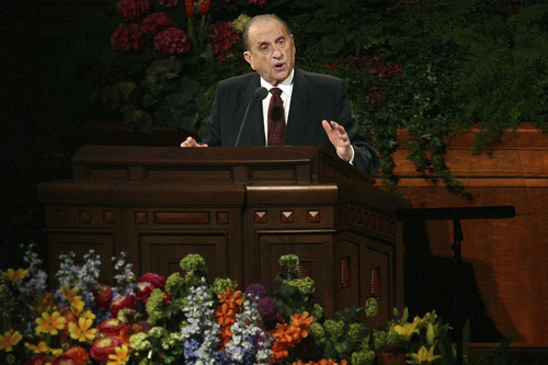 Scott Sommerdorf  |  Tribune file photo
LDS President Thomas S. Monson speaks in 2008 during the LDS General Conference just before the end of the morning session on Sunday.