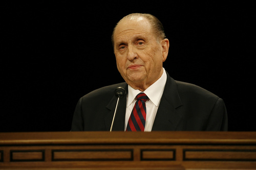 Provo, UT --5/2/08--
LDS President Thomas S Monson gives the closing remarks  at the BYU Women's Conference Friday afternoon at the Marriott Center.

********************
Thomas S. Monson will give closing remarks at the BYU Women's Conference, which ends Friday. We're looking for photos of him, but also view this conference as an opportunity to shoot photos for Faith for 5/10, which is a special section on women in the LDS Church.

Photo by Chris Detrick/The Salt Lake Tribune
frame #_1CD4685