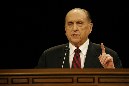 Provo, UT --5/2/08--
LDS President Thomas S Monson gives the closing remarks  at the BYU Women's Conference Friday afternoon at the Marriott Center.

********************
Thomas S. Monson will give closing remarks at the BYU Women's Conference, which ends Friday. We're looking for photos of him, but also view this conference as an opportunity to shoot photos for Faith for 5/10, which is a special section on women in the LDS Church.

Photo by Chris Detrick/The Salt Lake Tribune
frame #_1CD4730
