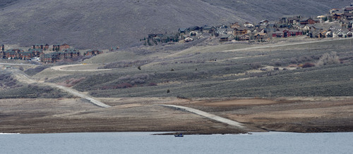 Steve Griffin  |  The Salt Lake Tribune

Low water levels at Jordenelle Reservoir expose the shore line near Heber, Utah Friday, April 4, 2014. The Natural Resources Conservation Service issued its Utah Water supply Outlook report, showing that the water situation is better in northern Utah than southern Utah.