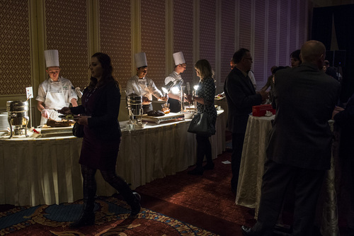 Chris Detrick  |  The Salt Lake Tribune
Meats from Jones Creek Beef, Firebirds Chile Co, Morgan Valley Lamb and Norbest are served during a reception as a part of the Governor's Economic Development Conference at the Grand America Hotel Friday April 4, 2014.