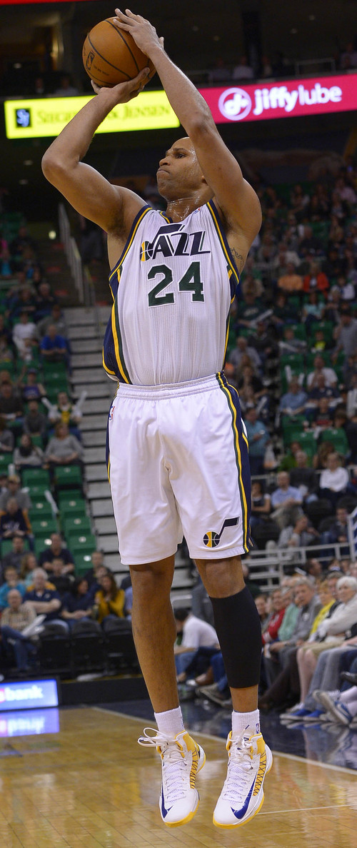 Leah Hogsten  |  The Salt Lake Tribune
Utah Jazz forward Richard Jefferson (24) fires off a 3-point shot during the first half of the game Friday, April 4, 2014 at Energy Solutions Arena.